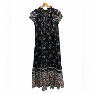 Ulla Johnson Boho Fairy Floral Print Silk Navy Midi Dress Size 4 Resort Wear